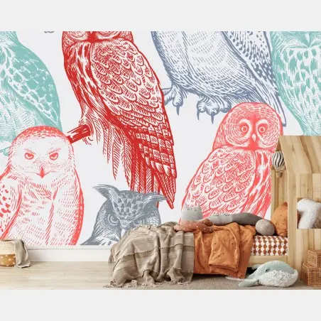 Fotomural búhos ilustrados en estilo grabado multicolor – Pixers®