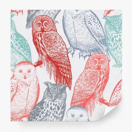 Fotomural búhos ilustrados en estilo grabado multicolor – Pixers®