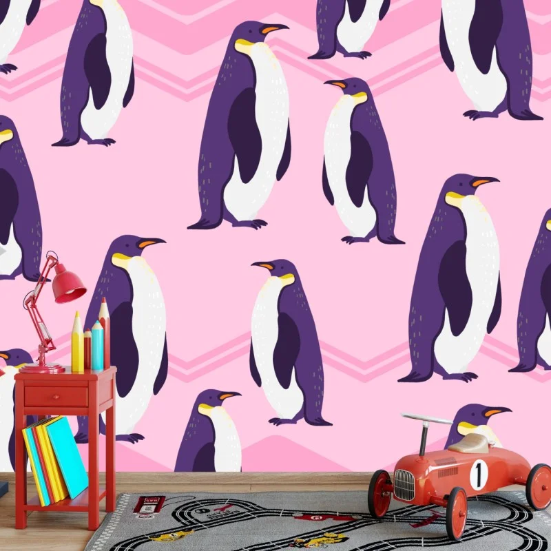 Fotomural patrón de pingüinos morados sobre fondo rosa