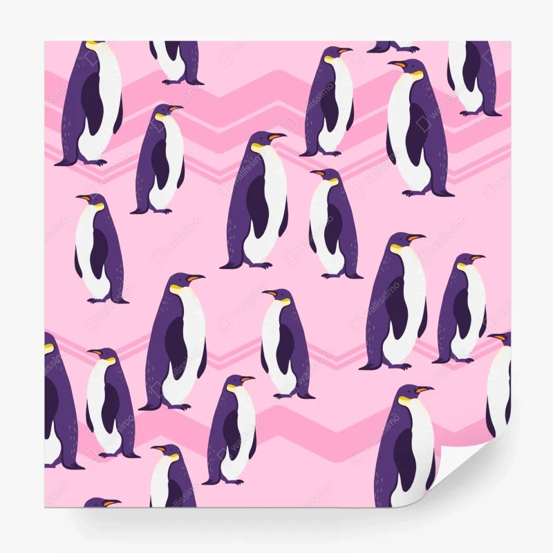 Fotomural patrón de pingüinos morados sobre fondo rosa