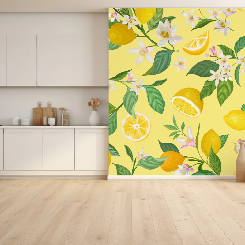 Fotomural estampado botánico de limones y flores sobre fondo amarillo