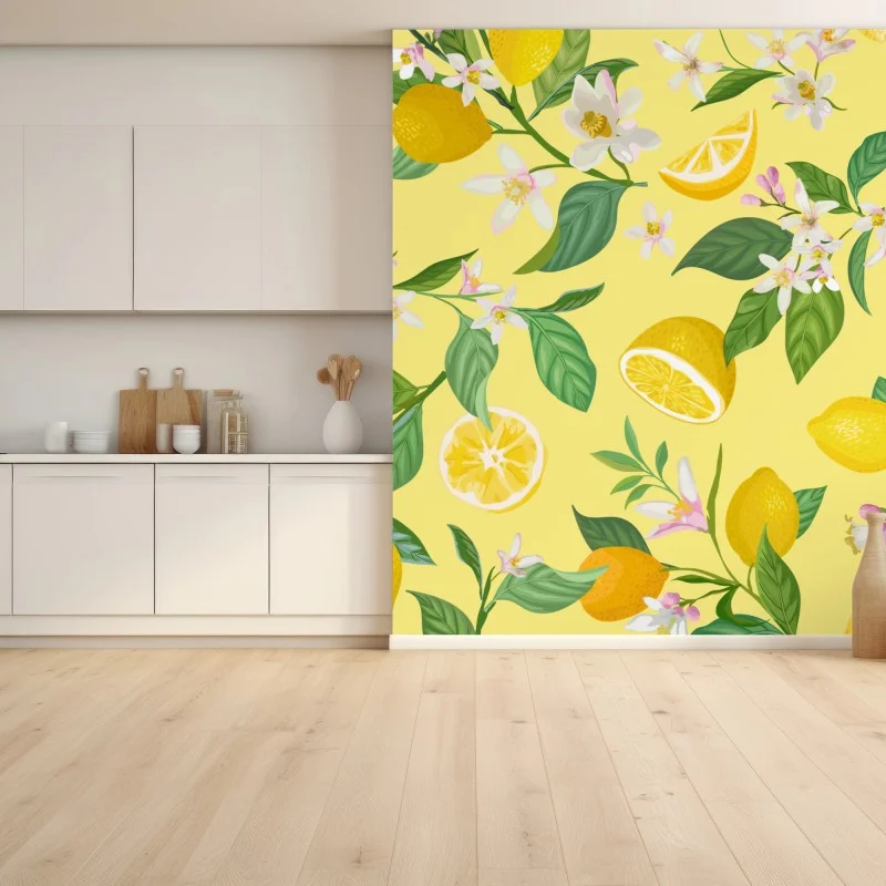 Fotomural estampado botánico de limones y flores sobre fondo amarillo