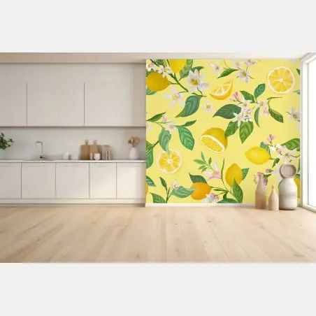Fotomural estampado botánico de limones y flores sobre fondo amarillo – Pixers®