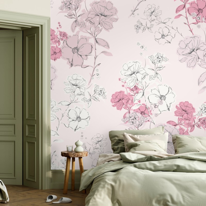 Fotomural patrón floral romántico en tonos rosa