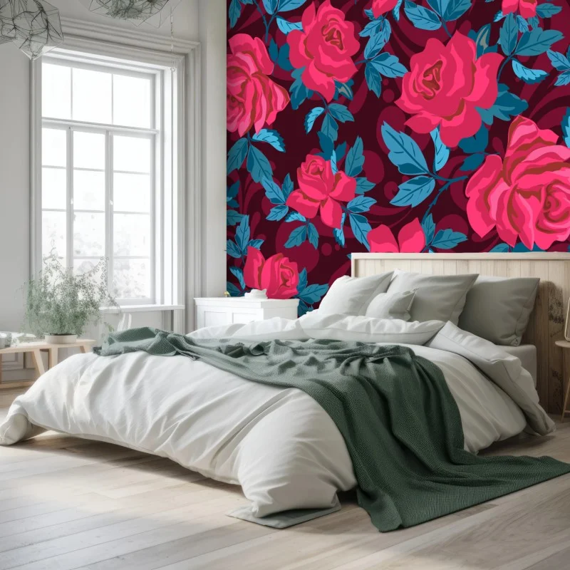 Fotomural patrón floral de rosas en tonos burdeos y azul