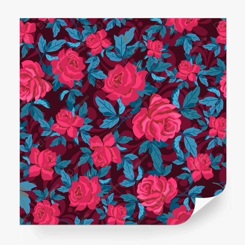 Fotomural patrón floral de rosas en tonos burdeos y azul