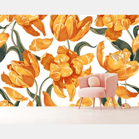Fotomural patrón de tulipanes naranjas sobre fondo blanco – Pixers®