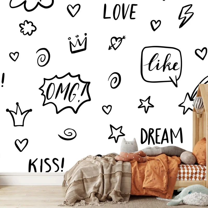Fotomural patrón doodle en blanco y negro con frases y símbolos