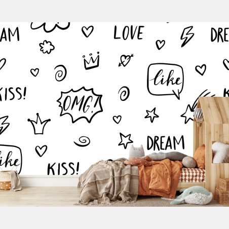 Fotomural patrón doodle en blanco y negro con frases y símbolos – Pixers®