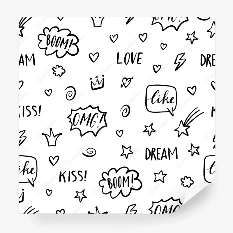 Fotomural patrón doodle en blanco y negro con frases y símbolos