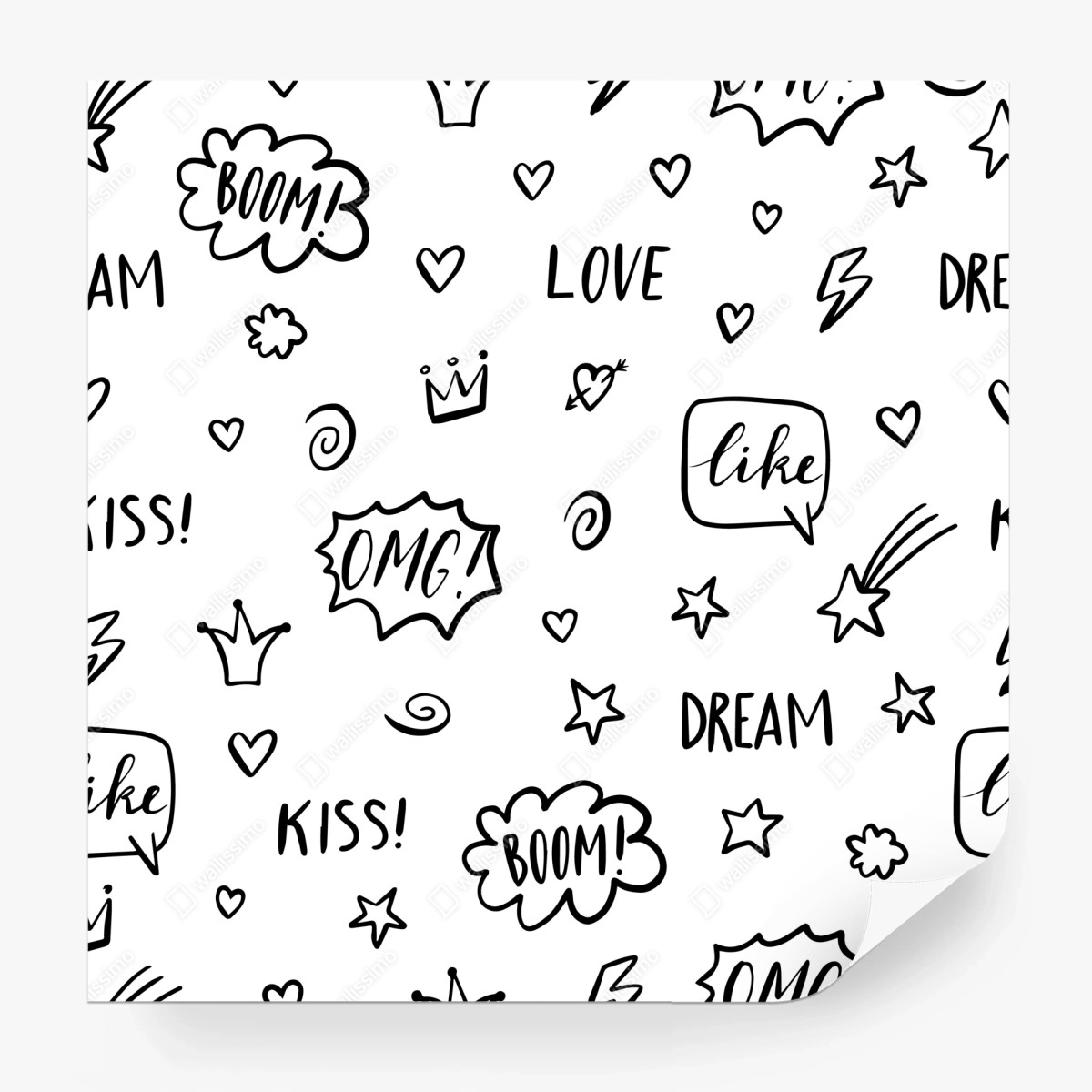 Fotomural patrón doodle en blanco y negro con frases y símbolos – Pixers®