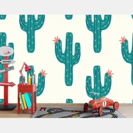 Fotomural patrón de cactus en tonos turquesa y coral – Pixers®