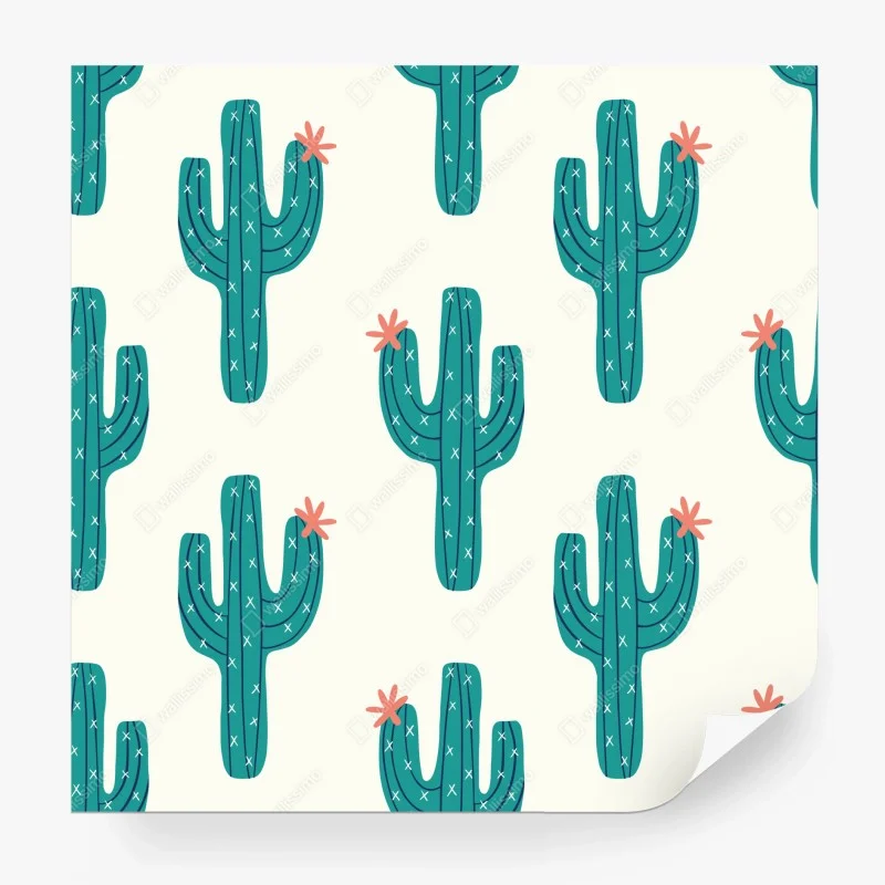 Fotomural patrón de cactus en tonos turquesa y coral