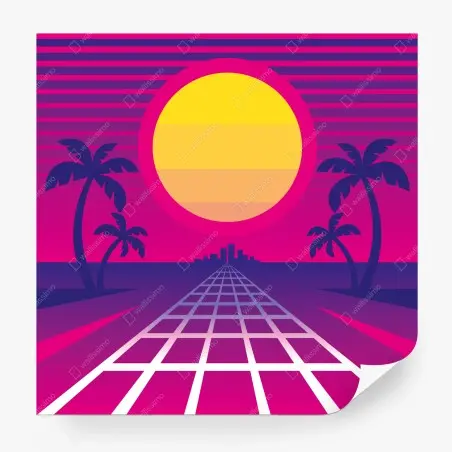 Fotomural atardecer retro en neón con palmeras y rejilla – Pixers®