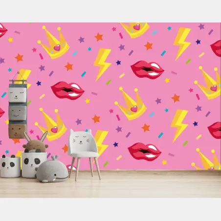 Fotomural estampado pop de coronas y labios sobre fondo rosa – Pixers®
