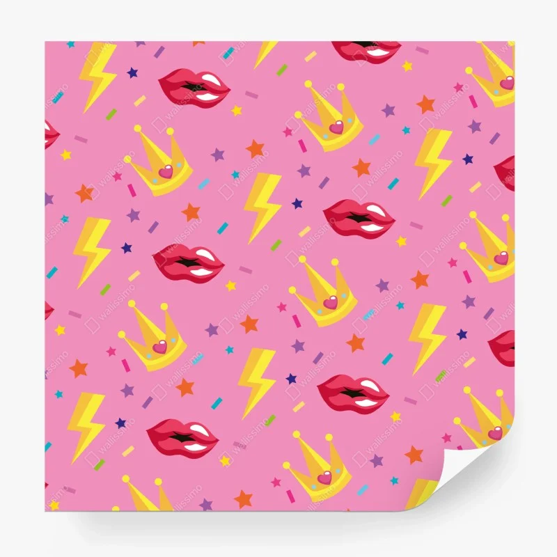Fotomural estampado pop de coronas y labios sobre fondo rosa