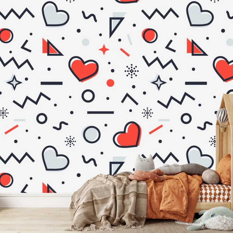 Fotomural patrón de corazones y formas geométricas estilo memphis