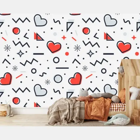 Fotomural patrón de corazones y formas geométricas estilo memphis – Pixers®