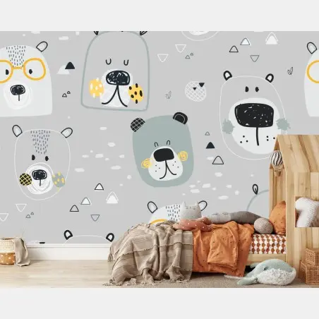 Fotomural patrón de ositos minimalistas en tonos grises – Pixers®