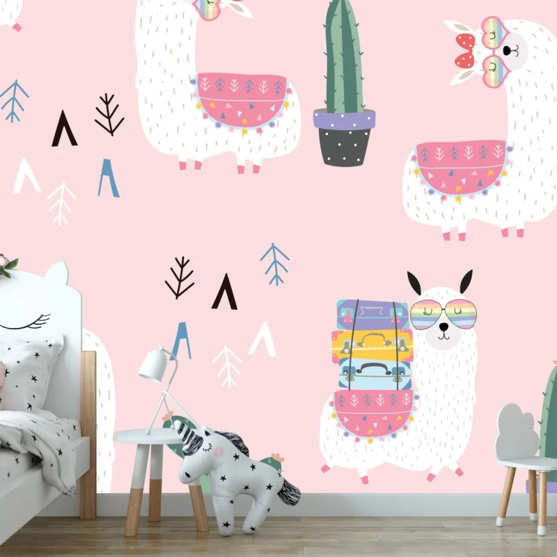 Fotomural estampado infantil de llamas y cactus en rosa pastel