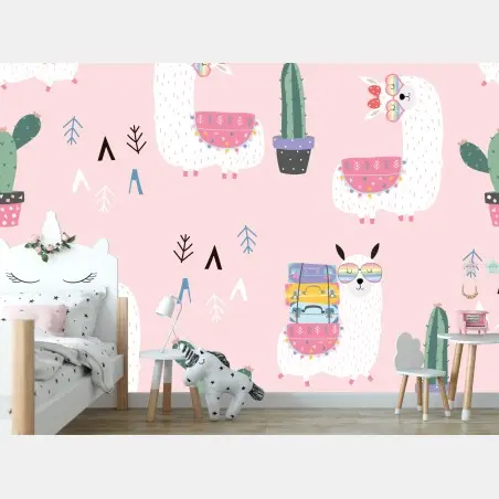 Fotomural estampado infantil de llamas y cactus en rosa pastel – Pixers®