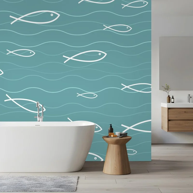Fotomural diseño de peces en tonos turquesa y ondas marinas