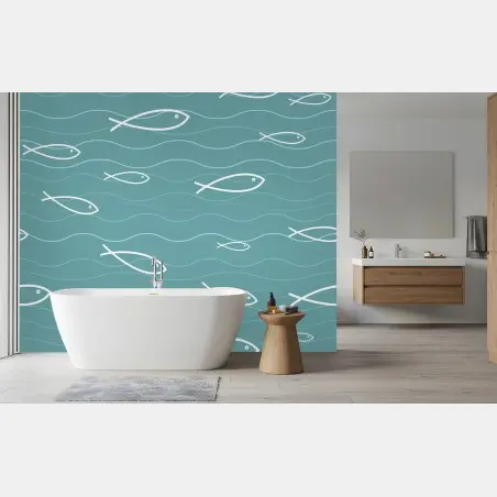 Fotomural diseño de peces en tonos turquesa y ondas marinas – Pixers®
