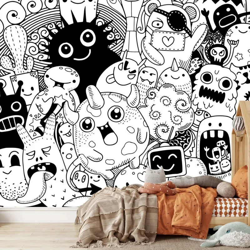 Fotomural explosión de personajes doodle en blanco y negro
