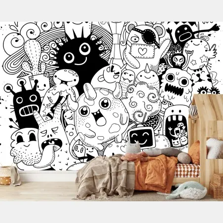 Fotomural explosión de personajes doodle en blanco y negro – Pixers®