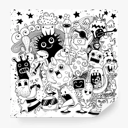 Fotomural explosión de personajes doodle en blanco y negro – Pixers®