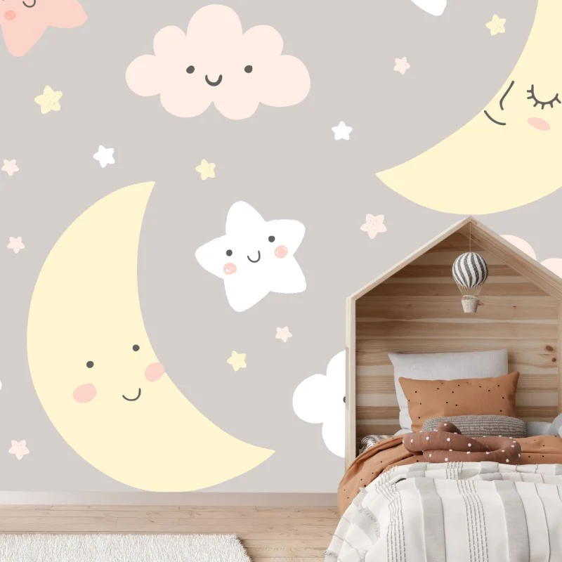 Fotomural diseño infantil de luna y estrellas en tonos pastel