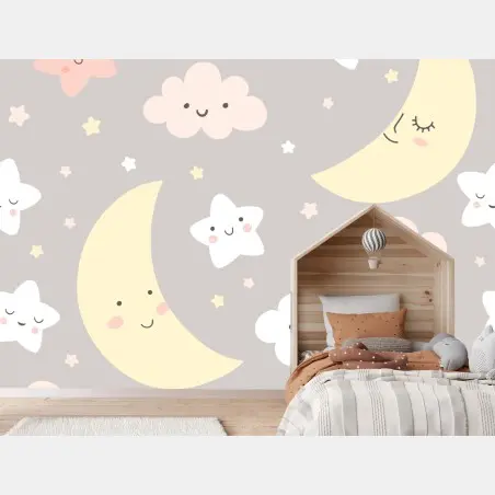 Fotomural diseño infantil de luna y estrellas en tonos pastel – Pixers®