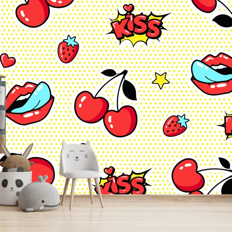 Fotomural diseño pop art con cerezas y labios