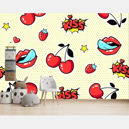Fotomural diseño pop art con cerezas y labios – Pixers®