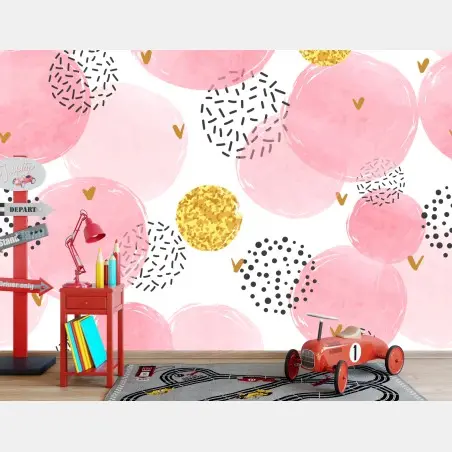 Fotomural patrón acuarela rosa con detalles dorados y corazones – Pixers®