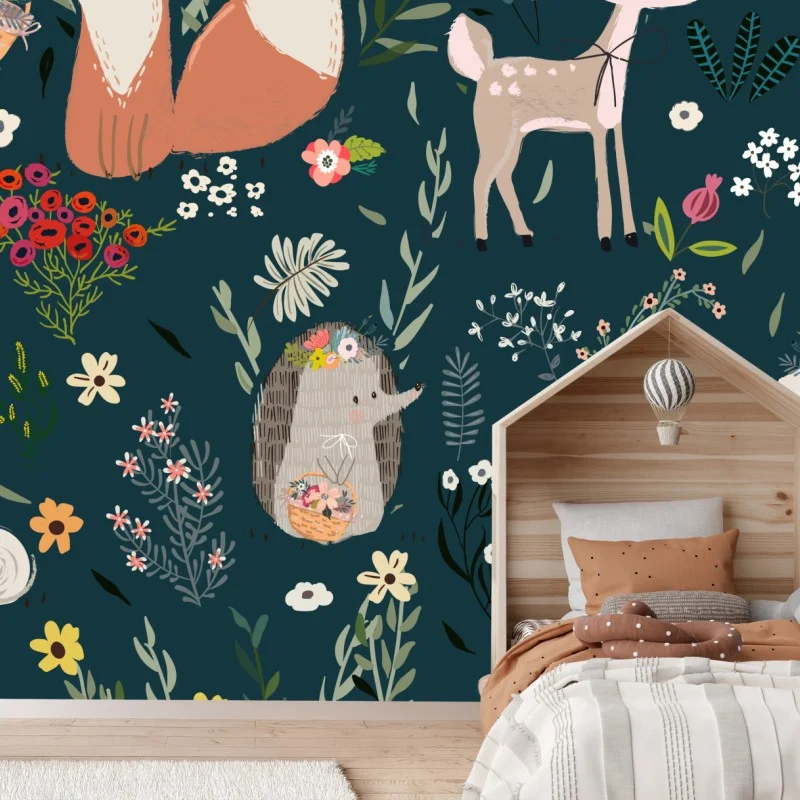 Fotomural estampado infantil de animales del bosque con flores