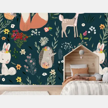 Fotomural estampado infantil de animales del bosque con flores – Pixers®