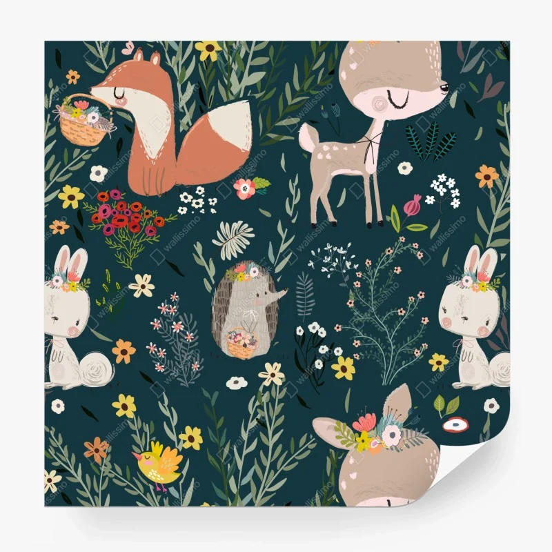 Fotomural estampado infantil de animales del bosque con flores