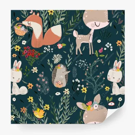 Fotomural estampado infantil de animales del bosque con flores – Pixers®