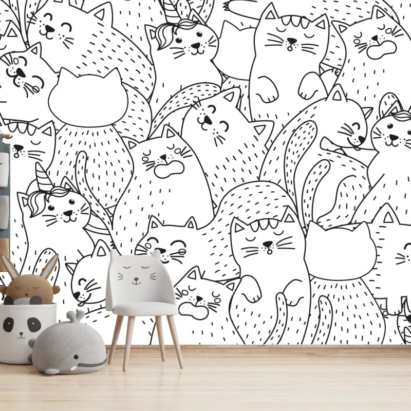 Fotomural patrón de gatos kawaii para colorear