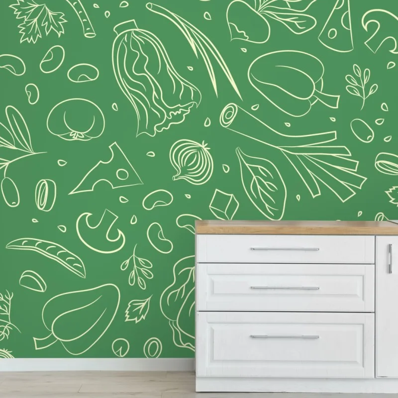 Fotomural diseño de verduras ilustradas sobre fondo verde