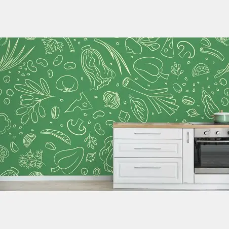 Fotomural diseño de verduras ilustradas sobre fondo verde – Pixers®