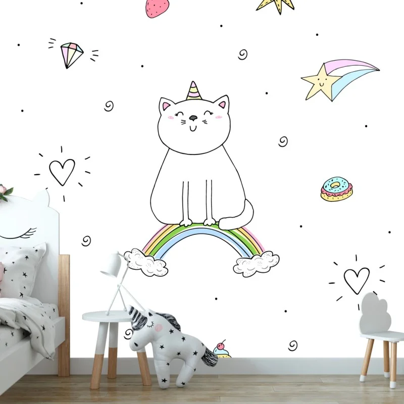 Fotomural patrón de gatos unicornio y arcoíris en estilo kawaii