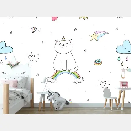 Fotomural patrón de gatos unicornio y arcoíris en estilo kawaii – Pixers®