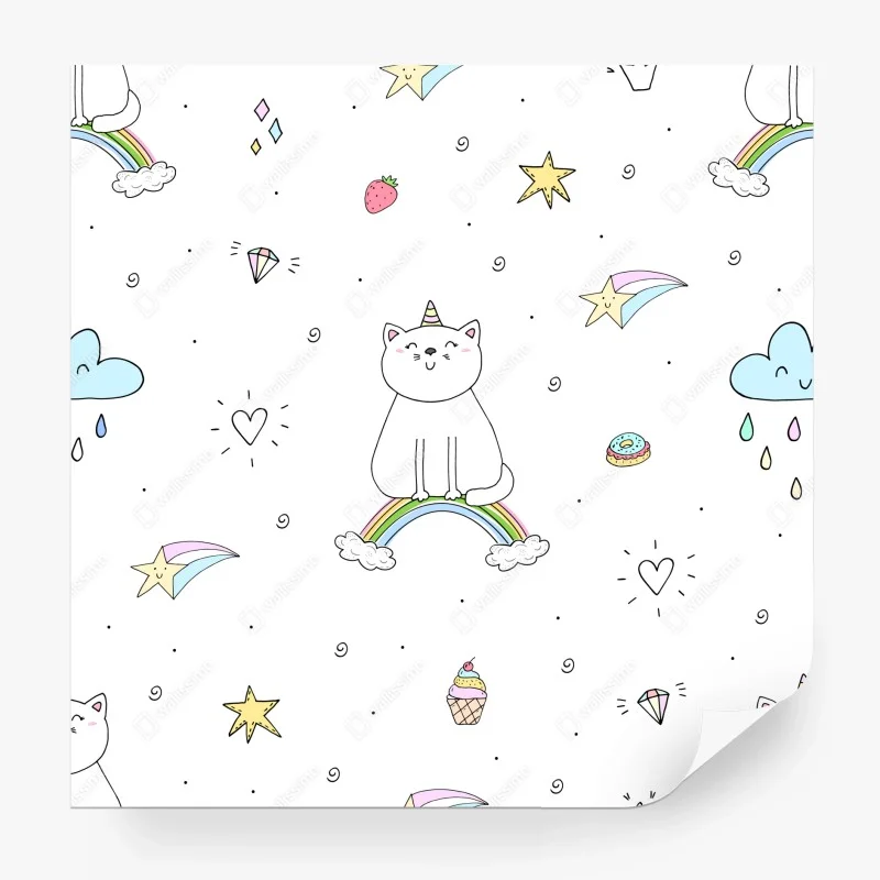 Fotomural patrón de gatos unicornio y arcoíris en estilo kawaii