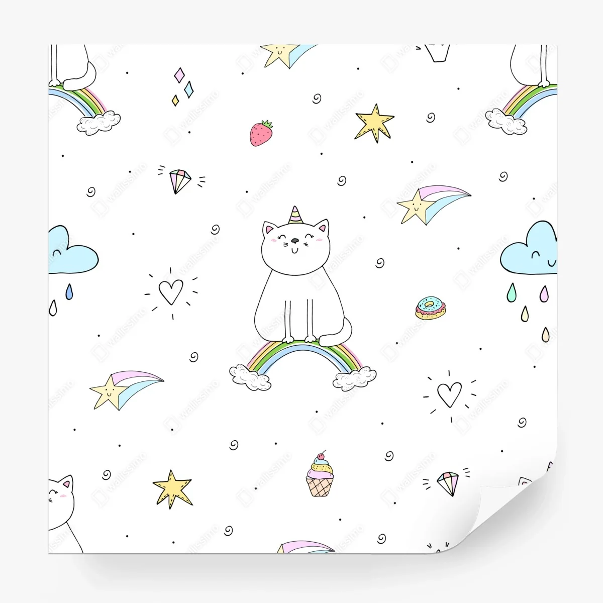 Fotomural patrón de gatos unicornio y arcoíris en estilo kawaii – Pixers®