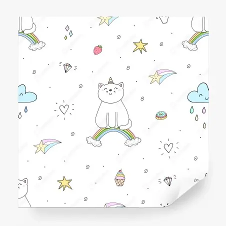 Fotomural patrón de gatos unicornio y arcoíris en estilo kawaii – Pixers®