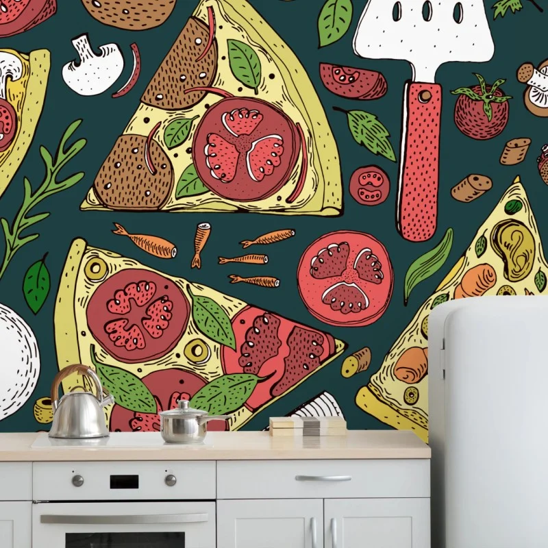 Fotomural patrón de pizzas ilustrado en colores vibrantes