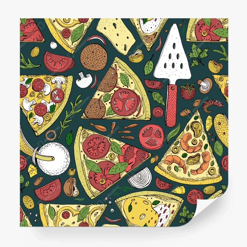 Fotomural patrón de pizzas ilustrado en colores vibrantes