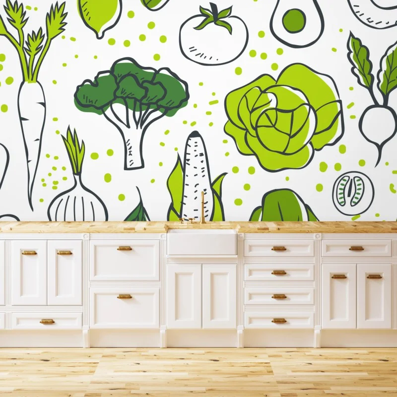 Fotomural patrón de verduras ilustradas en tonos verdes